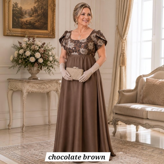 plus size chocolate brown dress Regency Brocade Empire Gown: Satin Ball together look. Ivory/Prosecco/Honey/Multi Tangnade Women's Casual Solid Size:III