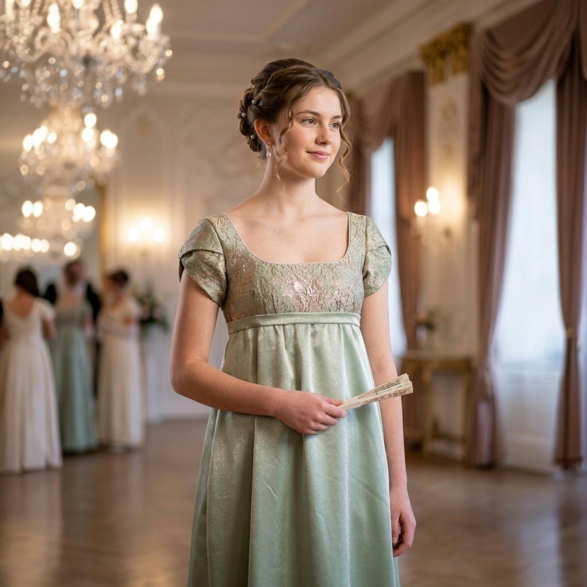 embroidered regency dress Bridgerton Daphne White Regency Era Dress with Floral Embroidered Train
