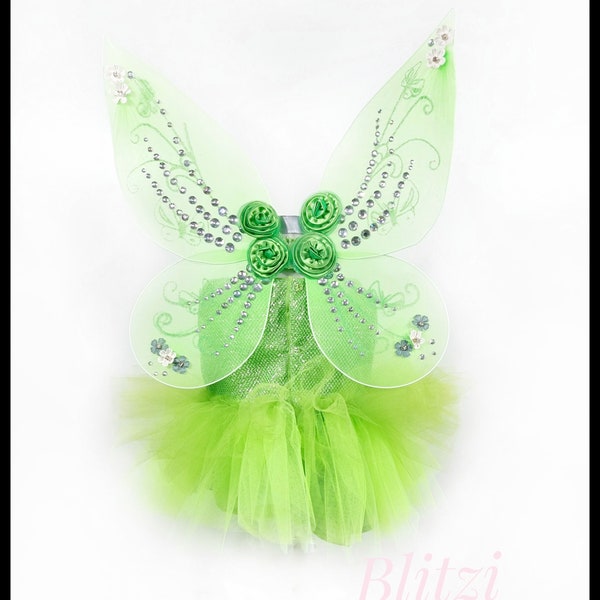 Tinkerbell Inspired Dress With Tinkerbell Wings & Head Accessory/ Green Color Tutu Dress/ Fairy Dress/ Baby Girl Woodland Fairy Dress