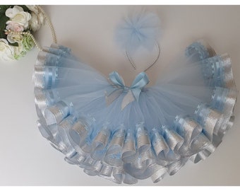 Girl's Blue and Silver Tutu With Head Band/ Girl's Ballerina/Butterfly Ribbon Hem Tutu /Frozen  Movie Inspired Tutu/Elsa's costume