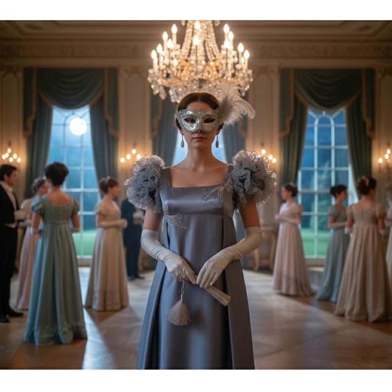 May include: A person wearing a floor-length slate blue empire-waist gown with ruffled cap sleeves, long white opera gloves, and a silver filigree masquerade mask with a side feather, standing in a ballroom with a crystal chandelier overhead.