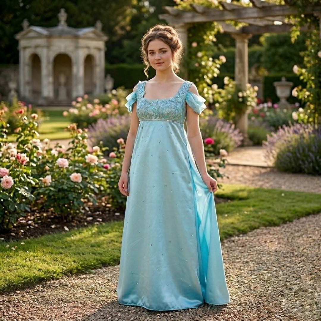 empire waist dress bridgerton Regency Style Embroidered Gown, Inspired covered bodice with a Colour:Baby Blue Empire line CATARINA Sleeveless Summer Maxi Dresses