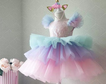 Girls Rainbow Unicorn Princess Dress, Multi Layers Tutu Prom Gown For Kids, Children Wedding Evening Formal, Party dress for girls