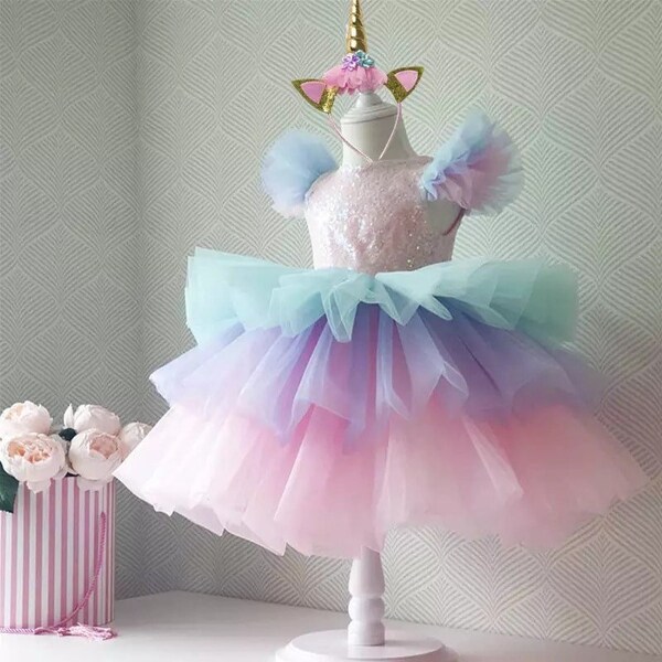 Girls Rainbow Unicorn Princess Dress, Multi Layers Tutu Prom Gown For Kids, Children Wedding Evening Formal, Party dress for girls