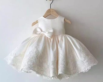 Girls party dress, Girls birthday dresses Toddler dresses, Baby Girl Party Wear, Baby girls ivory cream satin lace dress, flower girl dress