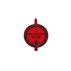 May include: A red circle with a black snake wrapped around a sword. The text "The Cycle Ends With Me" is inside the circle.