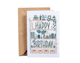 Happy Birthday Handmade Greeting Card | Gothic Home Decor | House Plants and Books and Vinyl Records | Bookshelf Happy Birthday Gift Card