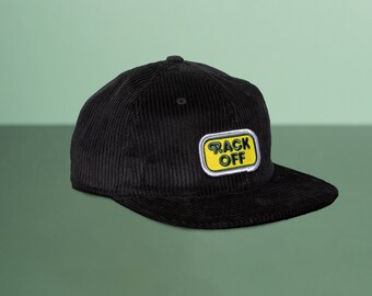 Rack Off | Black Corduroy Hat | Embroidered Slogan Patch | 70s Typography