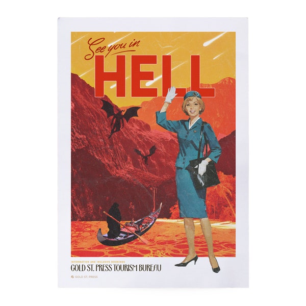 Rendez-vous en enfer | Impression d’art faite à la main | art de voyage vintage | Affiche touristique | Oeuvre de l'enfer