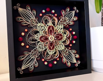 Quilled Mandala Flower Wall Art: Handmade Paper Filigree, 9x9 Framed Decor