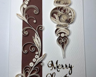 Christmas greeting card, handmade, quilling paper art, christmas ornament brown
