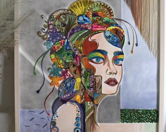 Unique, abstract art,woman,handmade,quilling paper art,gift,frame