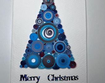 Christmas greeting card, handmade, quilling paper art, christmas tree blue