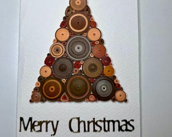 Christmas greeting card, handmade, quilling paper art, christmas tree brown