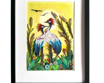 Personalized Quilling Art – Two Cranes & Gold Sun, 3D Paper Portrait