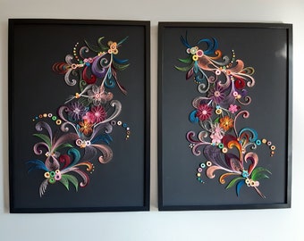 Flowers Set 2 frames, Handmade quilling paper art, gift ideas, wall hanging