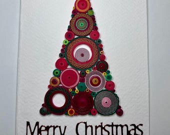Christmas greeting card, handmade, quilling paper art, christmas tree red