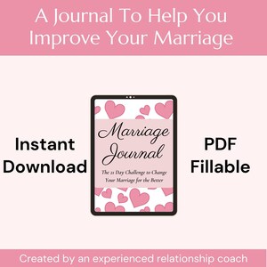 Puede incluir: Una tableta digital rosa y blanca con un diseño de corazón y el texto "Marriage Journal: The 21 Day Challenge to Change Your Marriage for the Better".