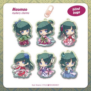 May include: Six Maomao mystery charms in blind bags. Each charm features a cartoon girl in a traditional Asian outfit, with teal hair and blue eyes. The charms are on a white card with the text "Maomao mystery charms" and "blind bags".