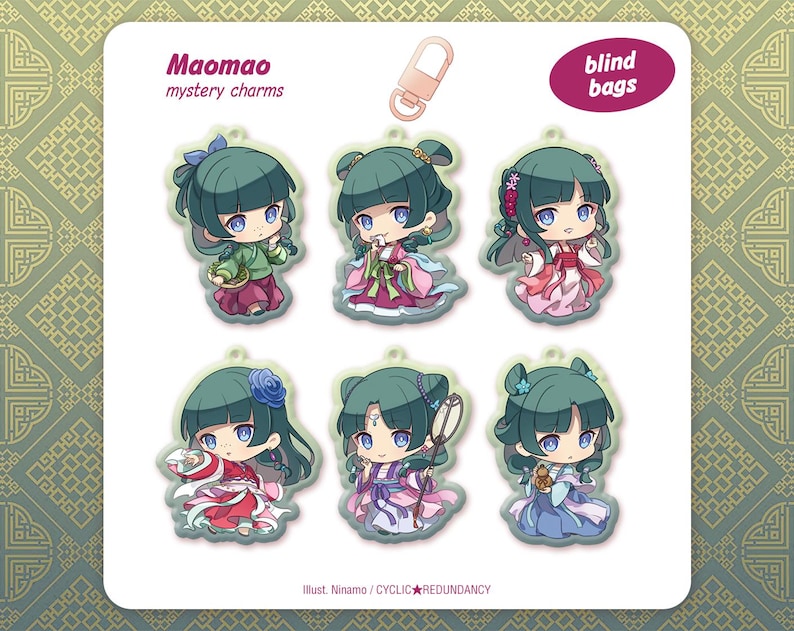 May include: Six Maomao mystery charms in blind bags. Each charm features a cartoon girl in a traditional Asian outfit, with teal hair and blue eyes. The charms are on a white card with the text "Maomao mystery charms" and "blind bags".