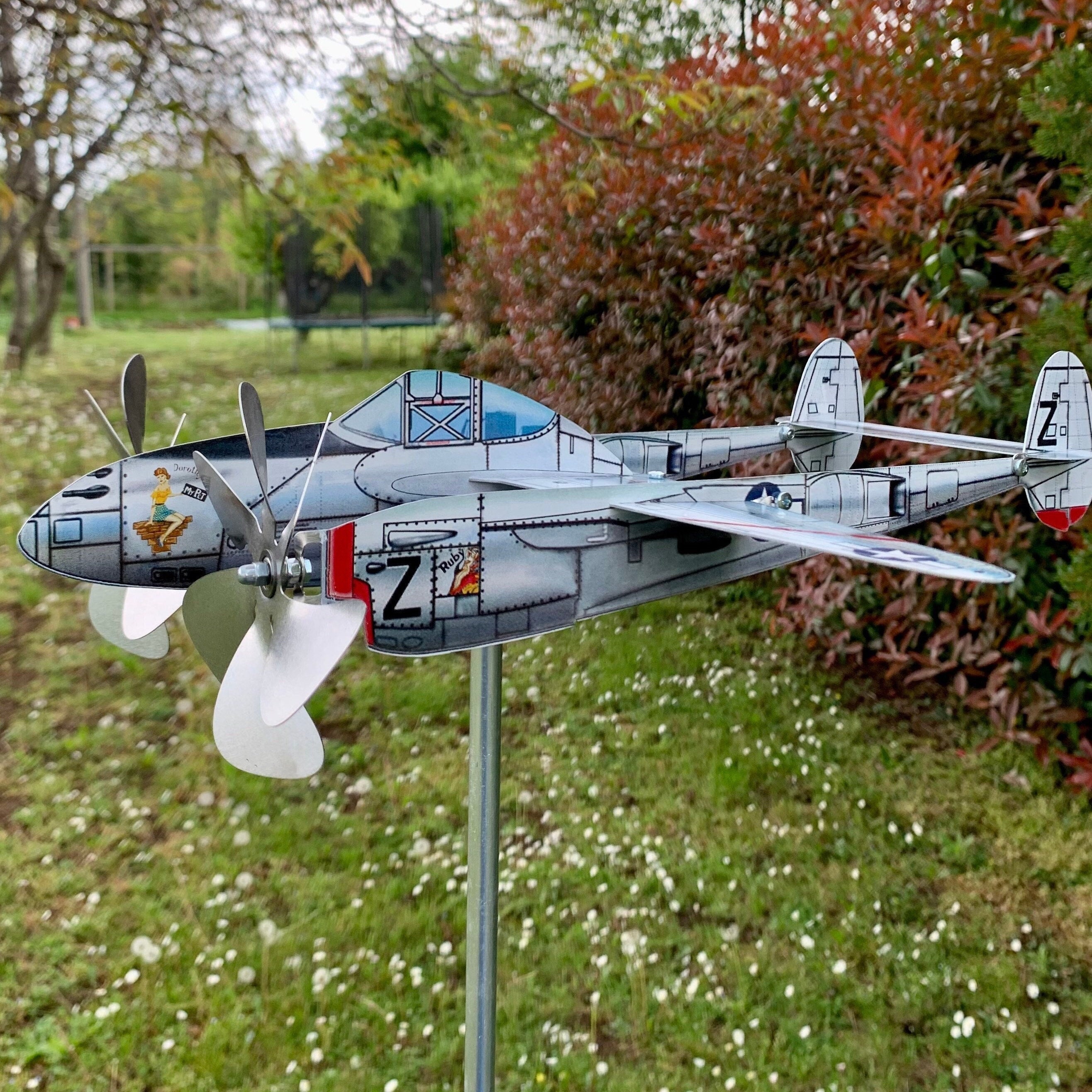 Wind spinner aircraft model Lockheed P-38 J Lightning in stainless steel