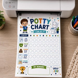 Op de afbeelding: Een geprinte zindelijkheidstraining-kaart met een cartoonkind, een toilet en kleurrijke sterren. De kaart bevat rijen voor het bijhouden van taken zoals op het potje zitten, ondergoed gebruiken, poepen, afvegen en handen wassen met een beloning.