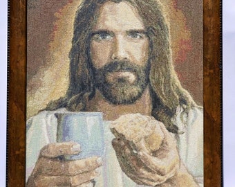 Handmade Cross Stitch of Jesus | Religious Wall Art | Christian Decor | Embroidered Jesus Portrait | Sacred Heart Cross-Stitch