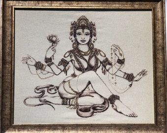Shakti The Indian Goddess - 100% Handmade Needlepoint Cross-Stitch Tapestry Embroidery Art