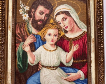 The Holy Family - 100% Handmade Needlepoint Cross-Stitch Tapestry Embroidery Art