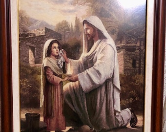 Arte de pared con punto de cruz de Jesús cosido a mano • Regalo de bordado religioso cristiano • Decoración católica para el hogar