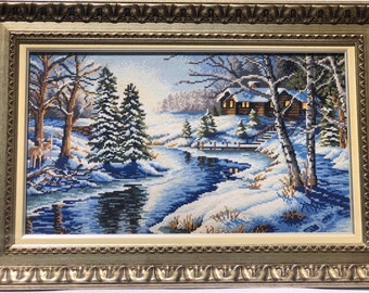 The Snowy River - 100% Handmade Needlepoint Cross-Stitch Tapestry Embroidery Art