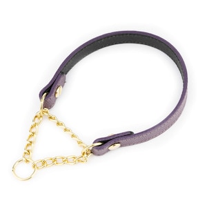 Purple Dog Collar - Martingale Dog Collar - Martingale Collar For Dogs - Gold Solid Brass Chain Dog Collar - Genuine Leather - Half Choke
