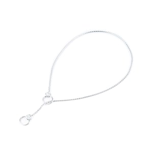 以下が含まれることがあります： 2つの円形の金属リングが付いた銀色のチェーンの犬用首輪