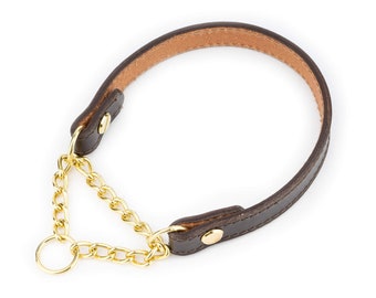 Brown Leather Dog Collar - Martingale Dog Collar - Gold Solid Brass Chain Dog Collar - Martingale Collar For Dogs - Golden Half Choke