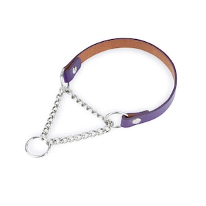 Purple Dog Collar - Violet Leather Martingale Collar For Dogs - Martingale Dog Collar - Silver Chain Dog Collar - Half Choke Training