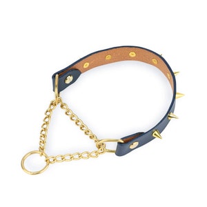 Martingale Dog Collar - Spiked Collar - Blue Dog Collar - Studded Gold Spike Dog Collar - Navy Leather Martingale Collar - Solid Brass Chain