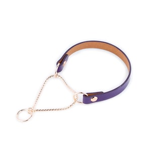 Purple Leather Dog Collar With Rose Gold Snake Chain - Genuine Leather Martingale Collar - Dog Show Collars - Small Dog Collar