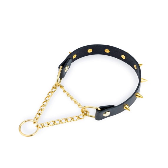 Spiked Collar Martingale Dog Collar Studded Gold Spike Dog Collar Black Leather Martingale Collar Solid Brass Gold Chain Dog Collar Etsy