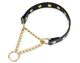 Studded Dog Collar - Martingale Dog Collar - Gold Stud Dog Collar - Black Leather Martingale Collar - Solid Brass Gold Chain Dog Collar