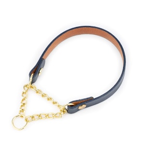 Navy Dog Collar - Dark Blue Martingale Dog Collar - Gold Solid Brass Chain Dog Collar - Martingale Collar For Dogs - Genuine Leather