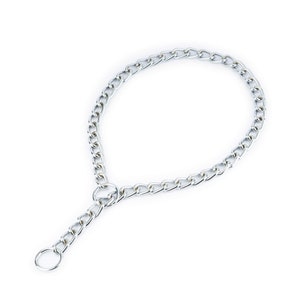 Puede incluir: Un collar de perro de cadena plateada con un anillo en D en un extremo y un cierre giratorio en el otro.