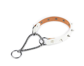 Spike Dog Collar - White Spiked Collar For Dogs - Real Leather Martingale Collar - Studded Collar - Black Snake Chain