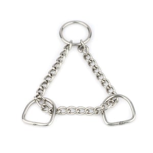 Könnte beinhalten: Ein silberfarbenes Hundehalsband mit Kettenmuster. Das Halsband hat einen großen Ring oben und zwei D-förmige Ringe unten, die durch Kettenglieder verbunden sind. Das Halsband ist für das Tragen um den Hals eines Hundes konzipiert.