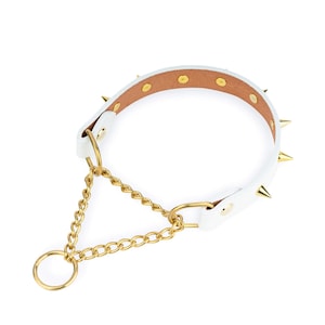 Spiked Collar - White Leather Martingale Collar - Studded Gold Spike Dog Collar - Martingale Dog Collar - Solid Brass Gold Chain Dog Collar