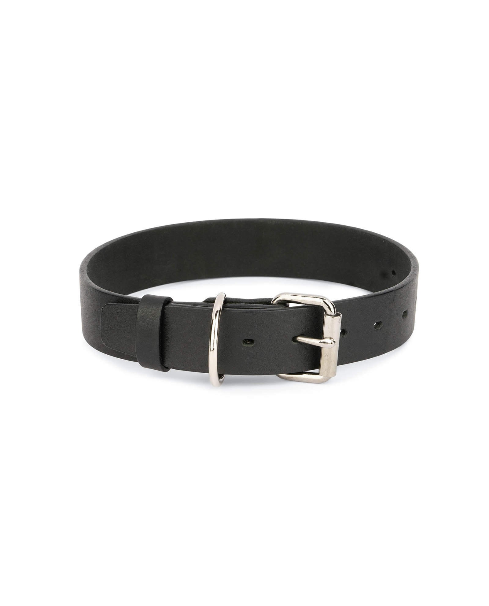 Black Leather Dog Collar - Full Grain Fashion Stainless Steel Roller Buckle Genuine