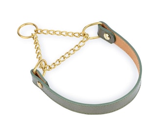 Martingale Dog Collar - Green Leather Martingale Collar - Gold Chain Dog Collar - Solid Brass Chain - No Pull Dog Collar - Choke Dog Collar
