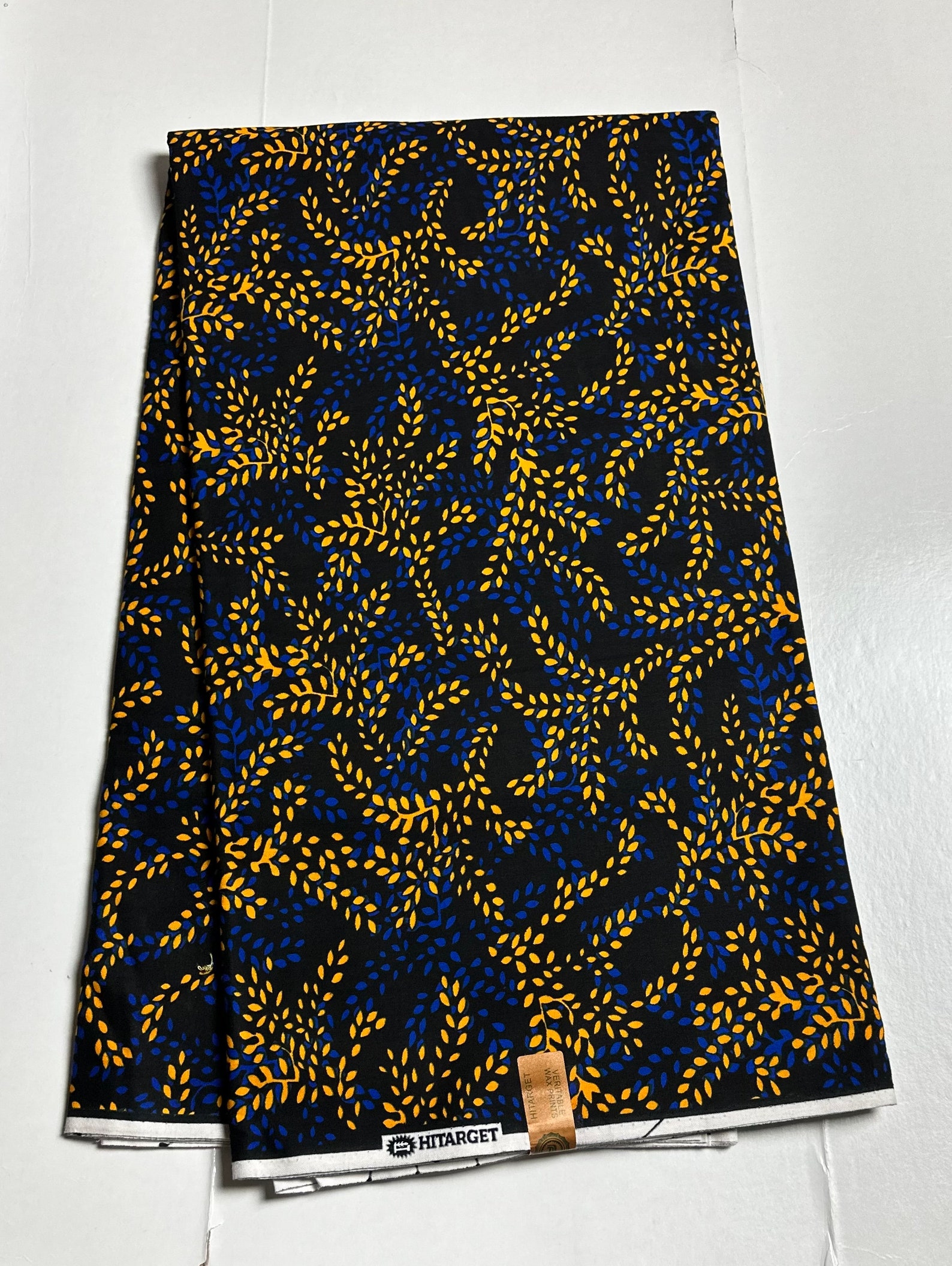 Blue Ankara Fabric with Yellow and Maroon Leaf Print main image 1