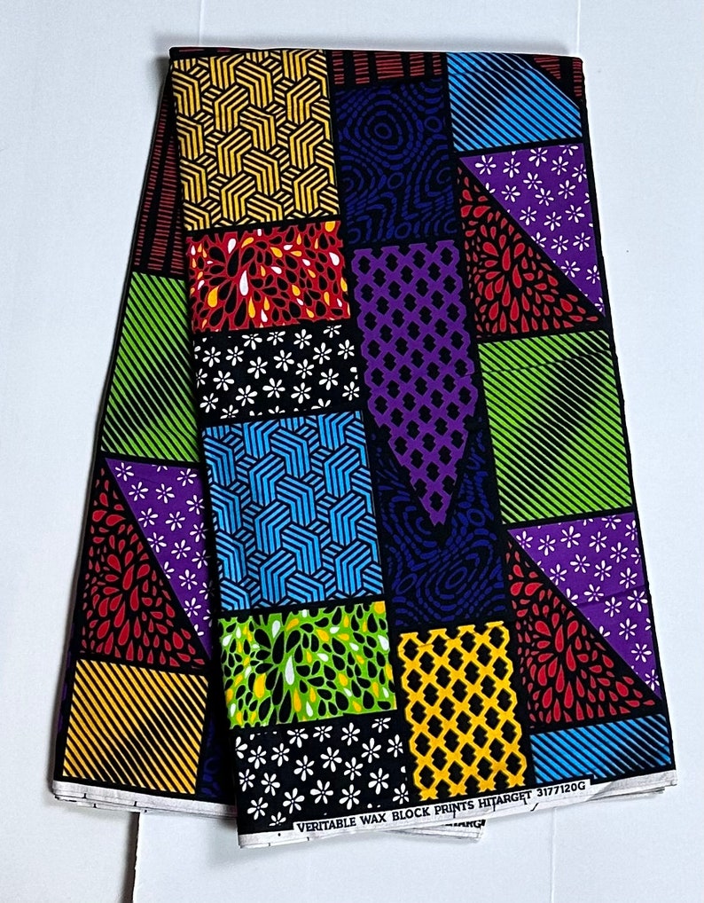 Yellow, Green, and Blue Geometric Ankara Wax Print Fabric