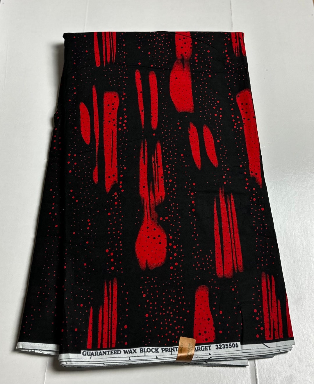 Black and Red Fan Pattern Wax Print Fabric - Vibrant African Ankara Design