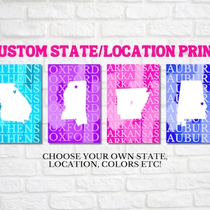 Impresión digital preppy de estado/ubicación PERSONALIZADA, arte de pared preppy, decoración de la habitación universitaria, dormitorio, dormitorio preppy, impresión universitaria, descarga instantánea